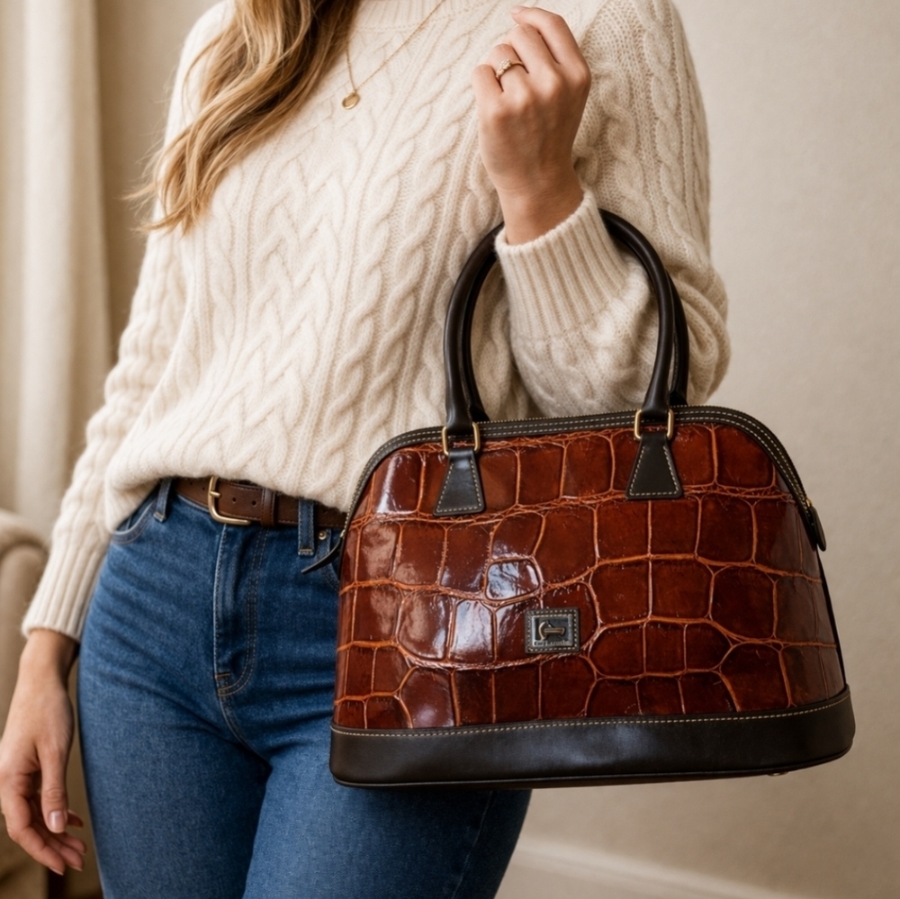 Dooney & Bourke Cognac Croco Embossed Leather Domed Satchel Bag - Picture 3 of 16